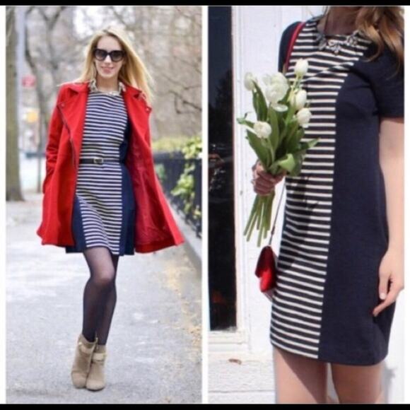 J Crew Stripe Knit Shift Dress Navy Blue Ivory Cream exposed zipper - Picture 3 of 8